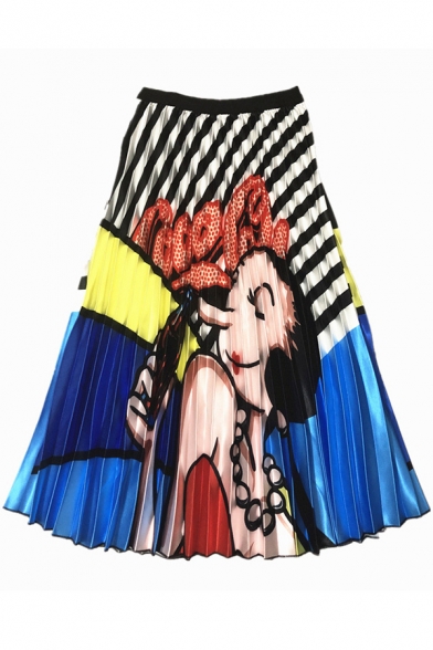 Summer New Trendy Cartoon Girl Printed Midi A-Line Pleated Skirt