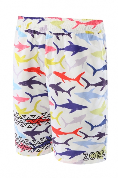 Trendy Allover Shark Fish Printed Guys Beach Swim Trunks with Lining