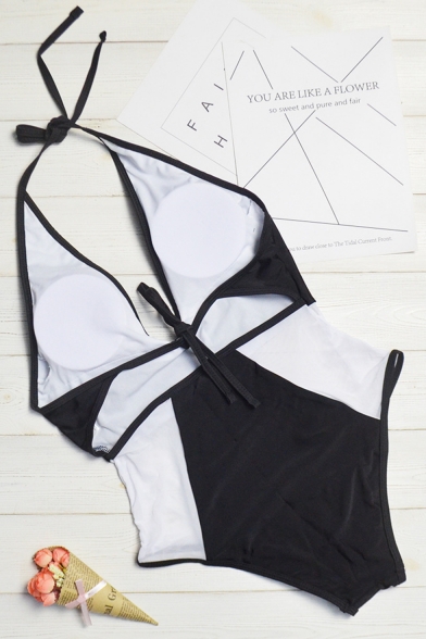 Trendy Colorblock Mesh Patched Halter Plunged Neck Women's One Piece Swimsuit Swimwear