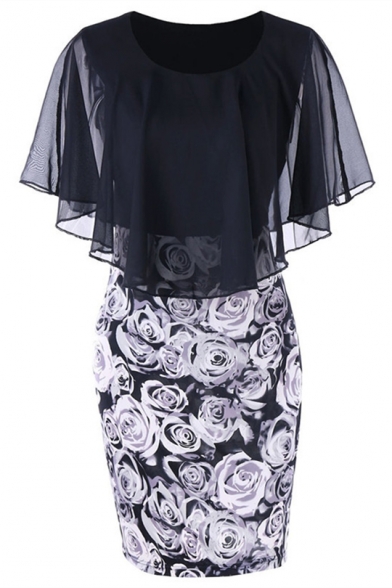 Trendy Floral Print Chiffon Patch Short Sleeve Ruffles Round Neck Midi Dress