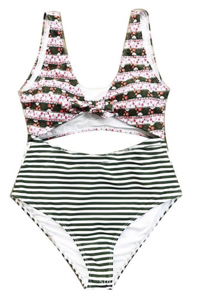 Trendy Striped Printed Knotted Front Cut Out One Piece Swimsuit for Women