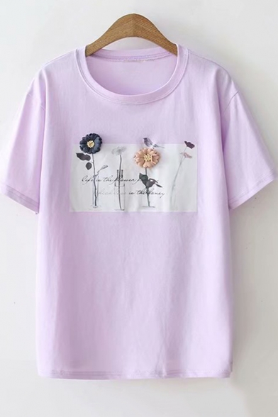 Unique Square Cubic Floral Embellished Cozy Cotton Short Sleeve T-Shirt