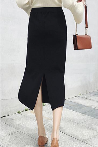Women's Basic Fashion Pearl Embellished High Rise Slit Front Midi Shift Knit Skirt