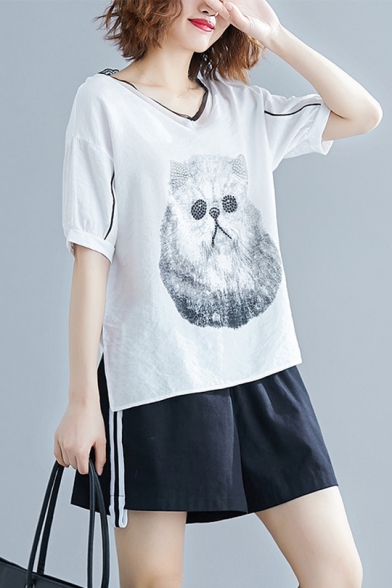 Women's Basic V-Neck Short Sleeve Cat Print Embellished Bow-Tied Back Loose Plus Size T-Shirt