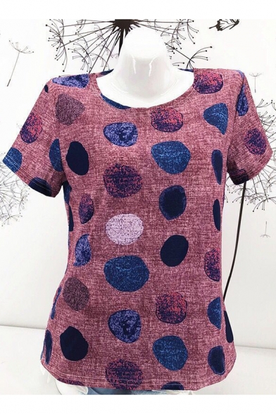 Women's Colorful Polka Dot Printed Round Neck Short Sleeve Tee