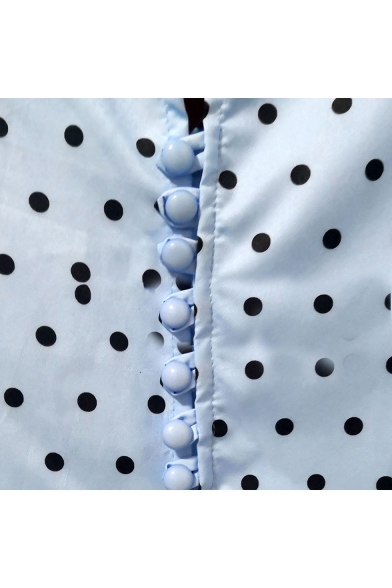 Women's Elegant Polka Dot Print Ruffle Detail 3/4 Sleeve V-Neck Midi A-Line Blue Party Dress