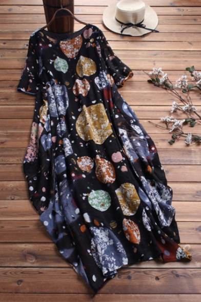Women's Ethnic Floral Print Short Sleeve Round Neck Loose Maxi A-Line Dress