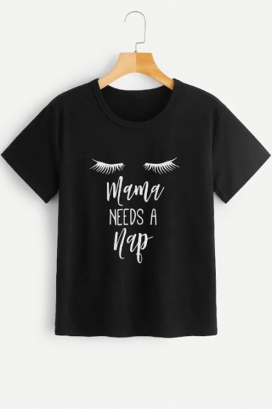 Women's Funny Letter MAMA NEEDS A NAP Eyelash Pattern Round Neck Short Sleeve T-Shirt