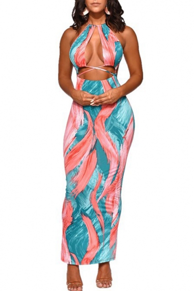 Women's Hot Fashion Leaf Print Halter Sleeveless Cut Out Detail Maxi Nightclub Bodycon Dress