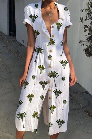 Women's Hot Fashion V-Neck Short Sleeve White Leaf Print Button Front Midi Sheath Dress