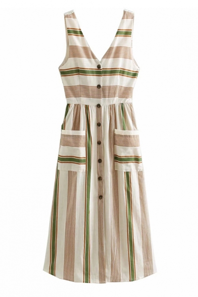 Women's New Trendy Beige Stripes Printed V-Neck Sleeveless Button Front A-line Dress