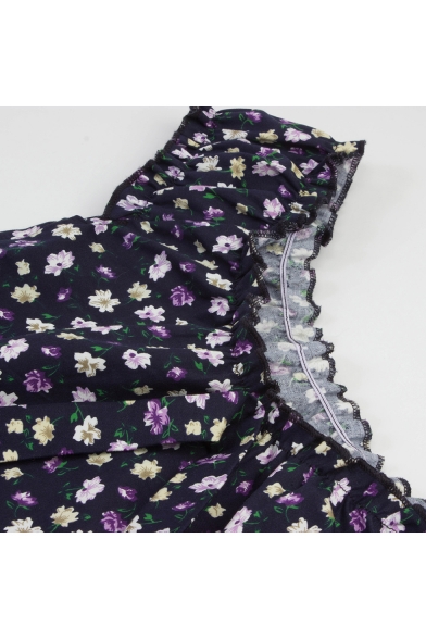 Women's Off Shoulder Floral Print Ruffled Hem Navy Cropped Tee