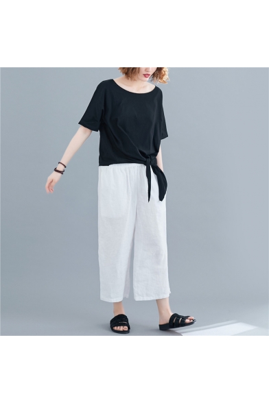 Women's Plus Size Basic Solid Color Round Neck Asymmetrical Hem Long T-Shirt with Belt