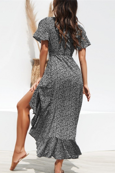 Women's Summer Fashion Floral Print Surplice V-Neck Ruffled Maxi Chiffon Wrap Dress