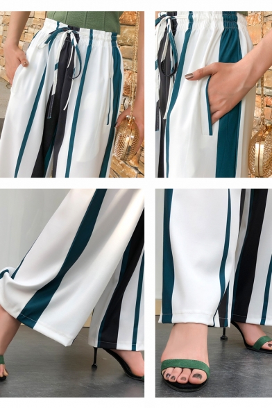 Women's Summer Tied Waist Fashion Vertical Stripe Print Chiffon Trousers Wide-Leg Pants