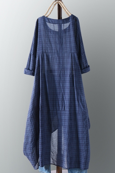 Women's Summer Trendy Plaid Printed Round Neck Long Sleeve Midi Linen Asymmetric Hem shirt Dress