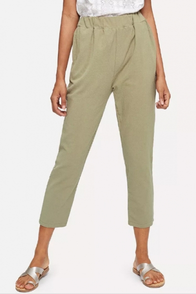 Women's Trendy Solid Color Army Green Elastic Waist Carrot Pants Tapered Pants
