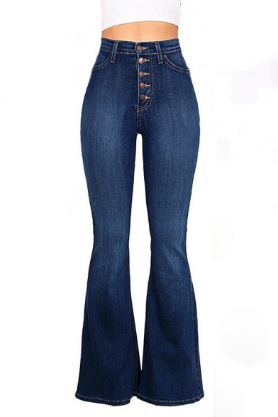 Womens Basic Simple Plain Button-Fly High Waist Slim Fit Flare Jeans