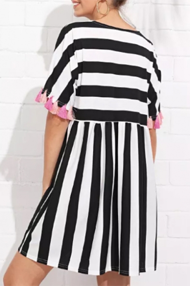 Womens Fancy Tassel Hem Round Neck Vertical Striped Printed Midi A-Line Dress