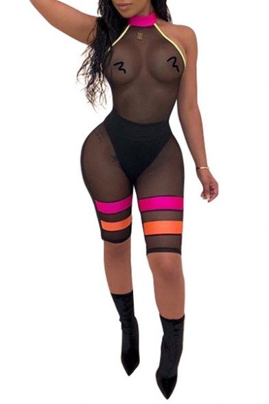 Womens Fashion Colorblock Halter Neck Open Back Sexy Black Mesh Slim Fit Nightclub Romper Jumpsuit