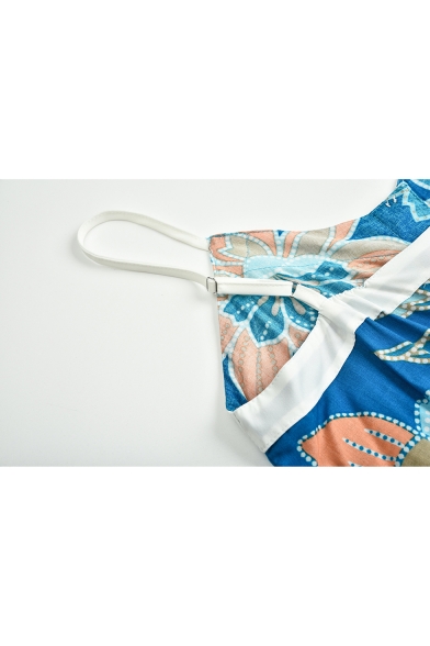 Womens Holiday Chic Blue Floral Printed Drawstring Waist Spaghetti Straps Beach Jumpsuits