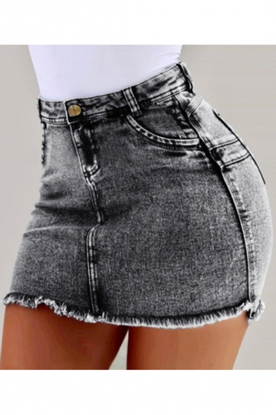 Womens Hot Fashion High Waist Raw Hem Short Mini Bodycon Denim Skirt