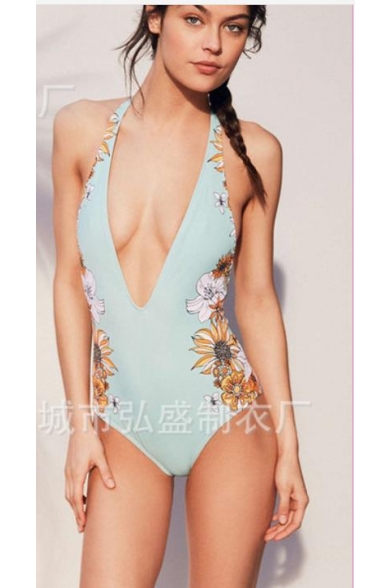 Womens Summer Sexy Halter Plunged Neck Floral Printed High Leg One Piece Swimsuit Swimwear in Pool