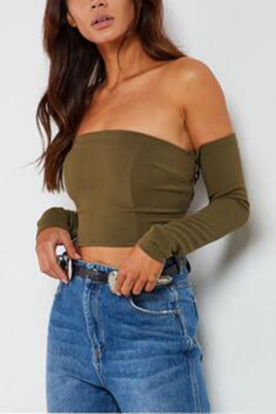 Womens Summer Sexy Off the Shoulder Long Sleeve Solid Color Slim Fit Cropped T-Shirt