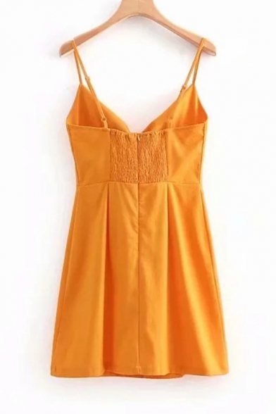 Womens Summer Trendy Yellow Solid Color Knotted Front Button Down Mini Cami Dress