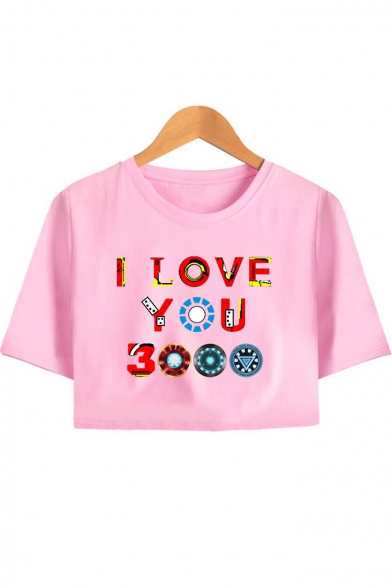Womens Unique Cool Colorful Iron Letter I LOVE YOU 3000 Basic Short Sleeve Cropped Tee