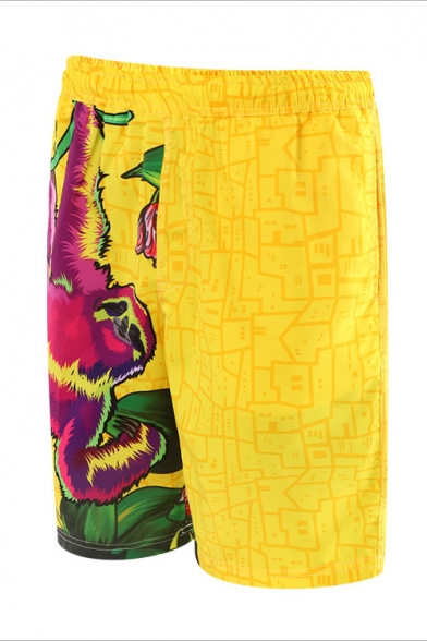 Yellow Cute Short Male Orangutan Printed Beach Shorts with Mesh Liner