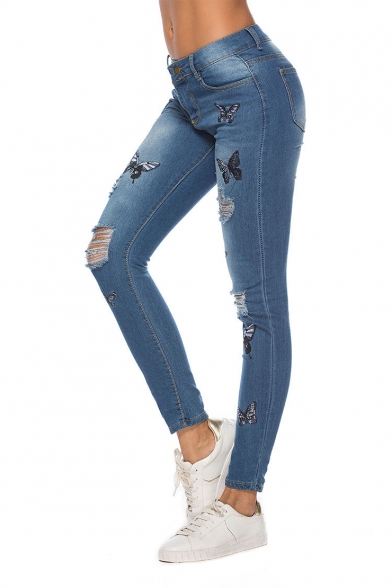 Fashion Allover Butterfly Embroidery Ripped Dark Blue Regular Fit Jeans for Women