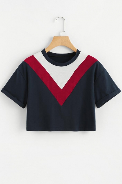 Fashion Chevron Colorblock Round Neck Short Sleeve Navy Cropped T-Shirt