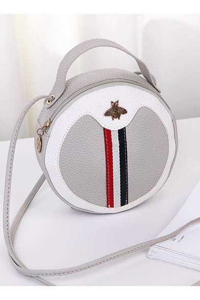 Fashion Color Block Stripe Patched Bee Embellishment Portable Round Crossbody Bag 17*7*17 CM