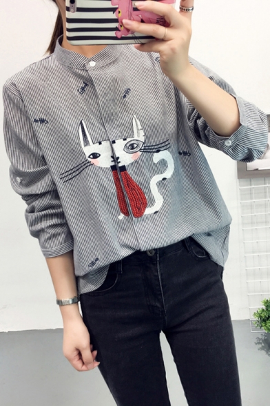 Fashion Stripe Cartoon Cat Embroidery Long Sleeve Button Down Shirt for Women