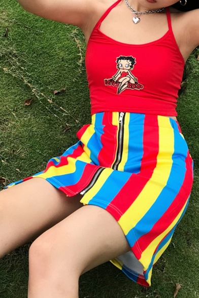 Fashion Unique Colorful Stripe Printed Zipper Front Mini A-Line Skirt