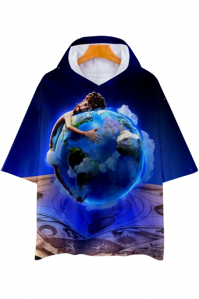 Funny Blue Figure Earth Printed Relaxed Fit Short Sleeve Hooded T-Shirt