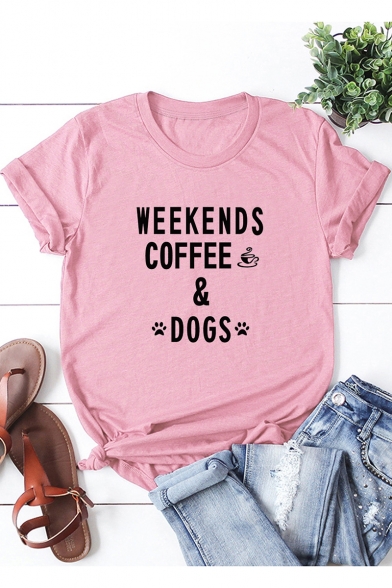 Funny Letter WEEKENDS COFFEE DOGS Short Sleeve Casual Graphic Tee