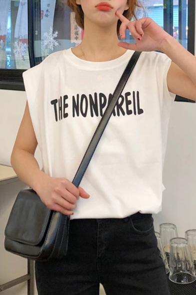 Girl Cool Street Style Simple Letter THE NONPAREIL Printed Round Neck Sleeveless Oversized Tank Top