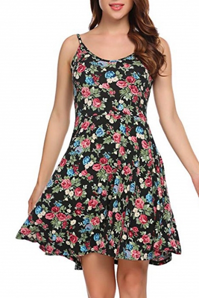 Girls Summer Fashionable Floral Printed Sleeveless Mini Slip Dress