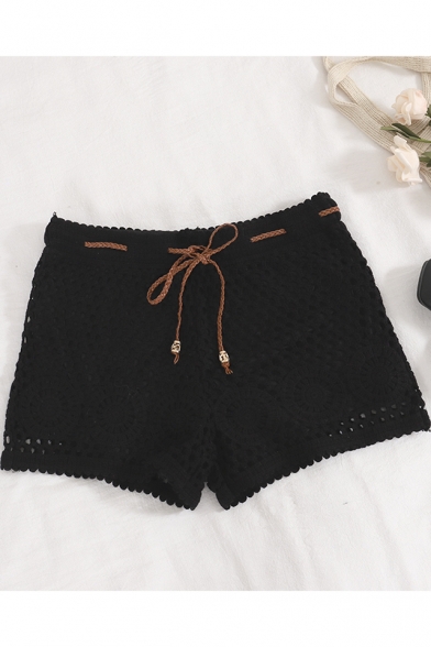 Girls Summer Stylish Drawstring Waist Sexy Hollow Out Crochet Lace Beach Shorts
