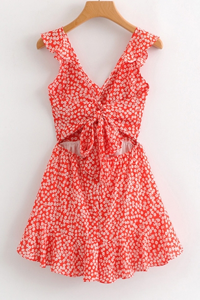 Girls Summer Trendy Red Floral Printed V-Neck Bow-Tied Back Mini A-Line Beach Dress