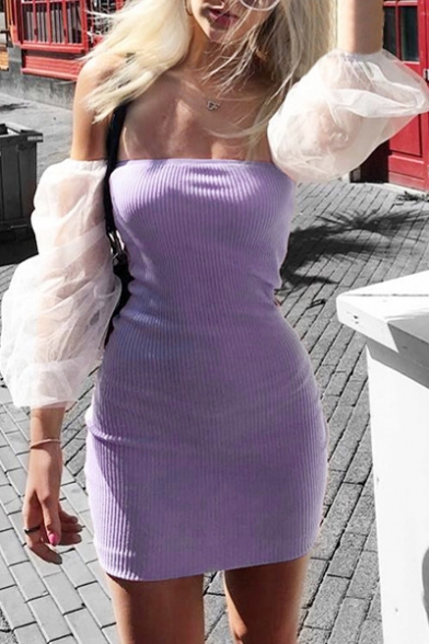 Girls Summer Unique Fashion Puff Sleeve Off the Shoulder Mini Purple Dress