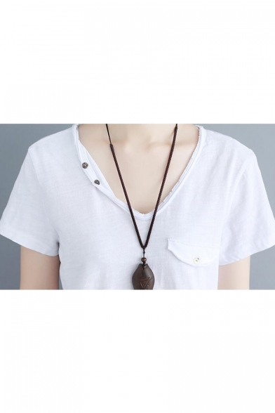 Girls Summer Vintage Linen V-Neck Short Sleeve Casual Loose White T-Shirt