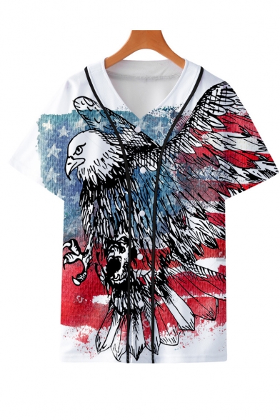 Independence Day Stylish Flag Print V-Neck Short Sleeve Button Down Casual Baseball Shirt
