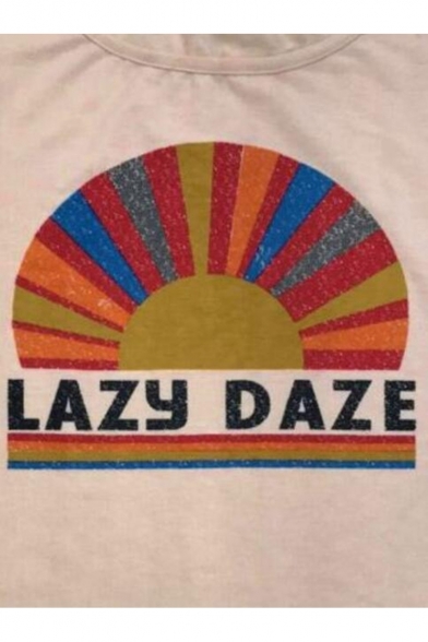 LAZY DAZE Letter Colorful Striped Khaki Round Neck Short Sleeve Tee