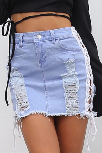 Light Blue Sexy Hollow Out Lace-Up Side Distressed Ripped Raw Hem Mini Bodycon Denim Skirt