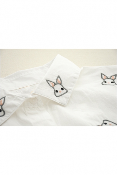 Lovely Allover Cartoon Rabbit Embroidery Long Sleeve Relaxed White Shirt