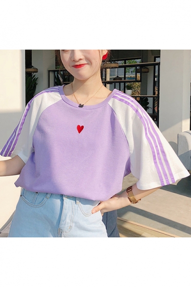 Lovely Heart Print Color Block Raglan Short Sleeve Round Neck T-Shirt For Girls