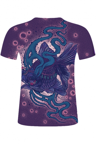 Men's Summer 3D Fish Printed Round Neck Short Sleeve Running Purple T-Shirt